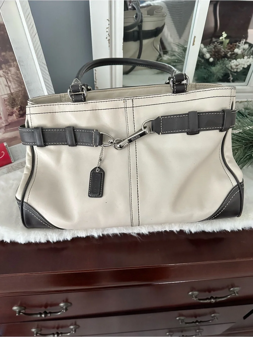 Coach Cream and Brown Leather Satchel with Silver Hardware